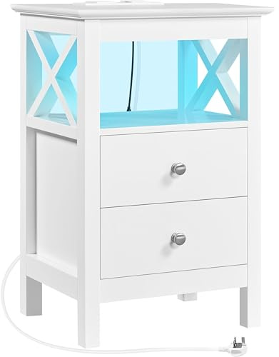 Yaheetech Bedside Table with Charging Station and LED Lights, Wooden Nightstand with 2 Storage Drawers, Bedside Cabinet with USB Ports & AC Outlets, for Bedroom, Living Room, White
