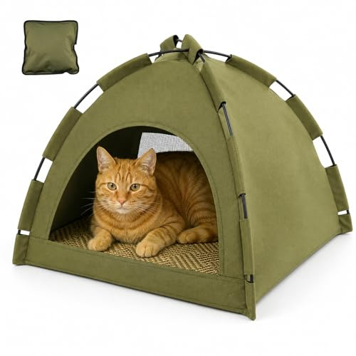 Auveach Cat Tent Cave, Pop up Foldable Pet Tent with Removable Double-sided Bed Mat for Cats & Puppies, Breathable Mesh Hole, Indoor Outdoor Travel, Green, 42 * 42 * 40cm