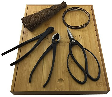 Tinyroots Bonsai Tools Kit, 5-Piece Set Includes: Traditional Butterfly Shaped Bonsai Shears, Concave Cutter, Wire Cutter, Genuine Hemp Broom, 2mm Bonsai Wire & Bamboo Storage Case