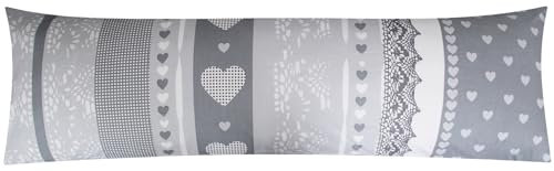 Renforcé Seitenschläferkissen Bezug 40x145cm - Love Liebe Herzen in Anthrazit und Grau - 100% Baumwolle Stillkissenbezug (386-2-B)