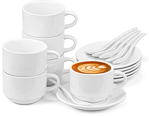 Hedume 6 Pack 5 OZ Espresso Cups with Saucers and Spoons, Stackable Espresso Coffee Cup Set for Specialty Coffee Drinks, Latte, Cafe Mocha and Tea - Safe for Dishwasher, Microwave, Oven and Freezer