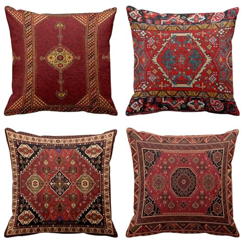 Britimes Throw Pillow Covers Geometric Kilim Moroccan Home Decor Set of 4 Oriental Ikat Pillow Cases Living Room Decorative 18 x 18 Inches Cushion Couch Sofa Pillowcases Colorful Red Tribal