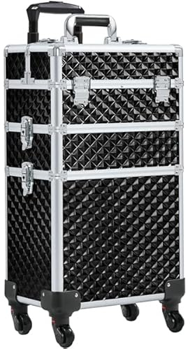 Yaheetech Valise de Maquillage 3 en 1 Coque Gaufrée Brillante avec Mallette Maquillage Verrouillable Tiroir à Casiers Valise Trolley Professionnelle Beauté/Voyage 35 × 23,5 × 67,5 cm Noir