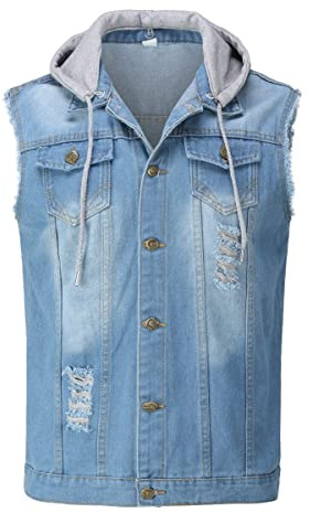 YOUTHUP Uomo Gilet Denim con cappuccio Vintage strappato Gilet Biker senza maniche Gilet Denim,2207 Blu,S