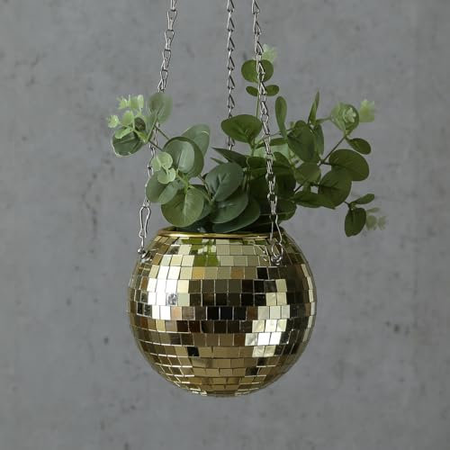 SATISFIRE Blumenampel Discokugel - Spiegelkugel als Blumentopf - hängende Blumenampel mit Spiegelkacheln (15cm, Gold)