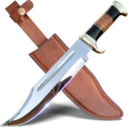 RISING CRAFTS 14 Crocodile Dundee Bowie Knife with Sheath-Hunting Knife with Sheath-Mirror Polished Survival Tactical Knife,Cuchillos de caza for Camping, Outdoor, Bushcraft- Knives for Men