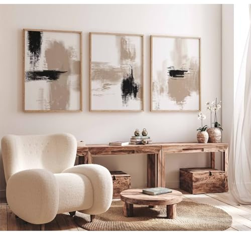 Joocrise Set di 3 stampe artistiche da parete astratte, colore beige, stampa artistica da parete su tela, colore nero e beige, decorazione moderna minimalista per camera da letto, 30,5 x 40,6 cm