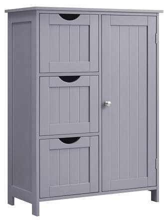 VASAGLE Badezimmerschrank, schmaler Badschrank, Beistellschrank, Kommode, mit 3 Schubladen, Schranktür, verstellbare Ablage, 30 x 60 x 80 cm, Taubengrau BBC049G02
