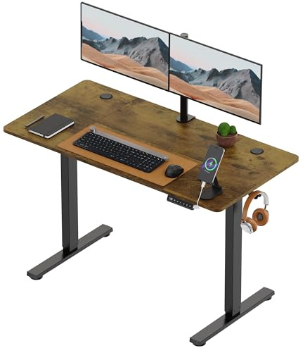VonHaus Electric Standing Desk, USB-C Charging Height Adjustable Sit Stand Desk with Anti-Collision, Height Preset Technology & Cable Management, Dark Wood Four Piece Desktop & Steel Frame, 120x60cm