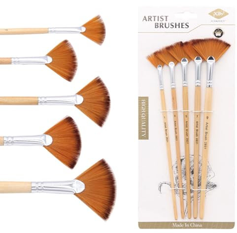 FDCGAS Juego de Pinceles de Abanico - 5pcs Pinceles de Pintura acrílica para Artista, con Mangos de Madera Largos, Pelo de Nailon Anti-caída,para Pintura al óleo de Acuarela acrílica, Pintura de Roca