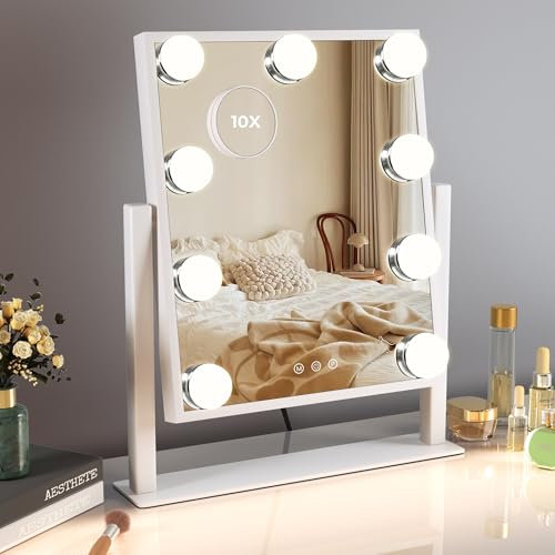 LuxeVue Miroir de Maquillage avec lumières, Miroir de Table 30x36 cm, 3 Modes d’éclairage réglables par capteur Tactile, Miroir grossissant Amovible 10X (Petit miroi Rond), Cadre en métal