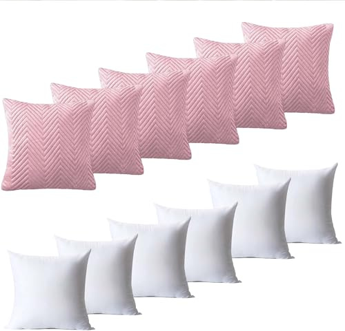 BedLooms Cushions with Covers Included 45 x 45 cm Set of 12 (6 Pink Cushion Covers, 6 Cushion Inserts) Ultrasonic Square Throw Pillow Cases Decorative Sofa Cushion with Invisible Zipper