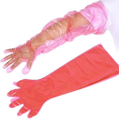 Guantes veterinarios, 30 Uds Extremadamente Elásticos Guantes de Plástico Suave, Examen Veterinario Guante De Fertilización Artificial, Guantes desechables, Limpieza Hogar, Protección De Brazo (Rojo)