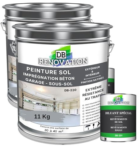DB Rénovation PEINTURE SOL BETON Industriel - Garage, sous-sol - Extrême trafic intérieur, extérieur - Haute résistance - Gris fenêtre - Kit 11KG + 1L Diluant