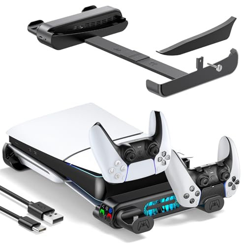 Tokluck Soporte Horizontal para PS5 Pro/Slim Disc y Digital, Soporte de Refrigeración para PS5 con Cargador para Playstion 5, Soporte Horizontal para PS5 Slim y Pro (No Apto 2020 PS5 Normal), Negro