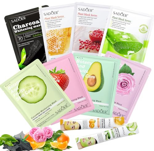 Gesichtsmasken Set Hautpflege, (PAKET VON 8+2) Kollagen-Gesichts Tuchmaske für alle Hauttypen, Feuchtigkeitsspendende Gesichtsmasken Geschenke für Frauen, Männer, Mädchen in Party Spa Hautpflege