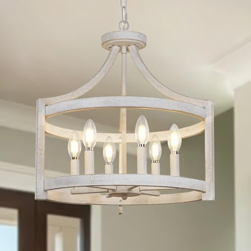 KMaiPem Vintage White Chandelier, 6 Lights Farmhouse Hanging Pendant Light Convertible Ceiling Lights Living Room, Modern Rustic Metal Chandeliers Ceiling Light for Kitchen Entryway Foyer Hallway