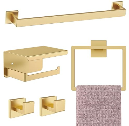 Juego de Accesorios de baño Dorado Cepillado, Juego de 5 toalleros de Acero Inoxidable SUS304, Juego de toalleros de 40,6 cm, para Montaje en Pared