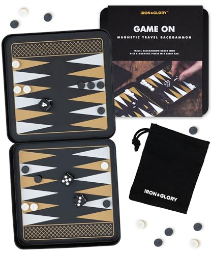 Iron & Glory Magnetic Travel Backgammon Set in Durable Tin Case | Compact & Portable Board Game with Secure Magnetic Pieces | Perfect for On-the-Go Fun & Strategy | Includes Fabric Carry Pouch