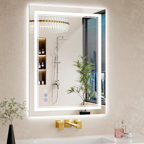WISSMIELS 24x32 LED Bathroom Mirror with Lights, Anti-Fog, Backlit + Front Lit, Dimmable, Led Vanity Mirror for Wall, Lighted Bathroom Mirror, 3 Colors, Shatter-Proof Tempered Glass