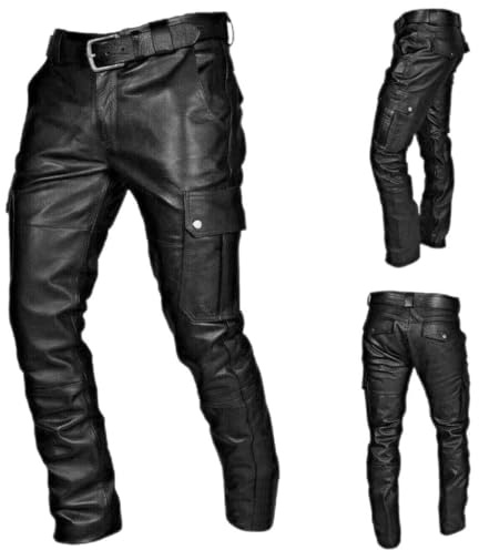 Mens Faux Leather Pants Hip Hop Retro Motorcycle Tapered Trousers Halloween Cosplay Vintage Punk Rock Pants Fashion A- Black