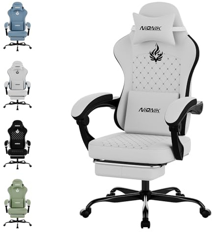 NIONIK Gaming Chair with Massage,Ergonomic PC Gaming Chair Computer Chairs with Footrest Comfortable Headrest and Lumbar Support, High Back WHITEBLACK
