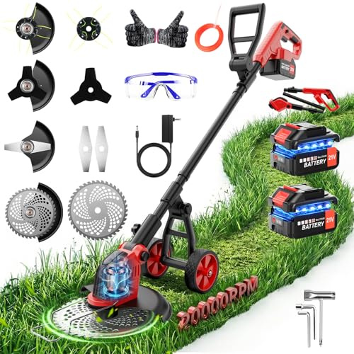 Decespugliatore a Batteria con Ruota, 4 in 1 Tagliabordi a Batteria 30 cm con Motore Anteriore Brushless, 2 x 3000mAh, 20000 Giri/min, 4 Lame, Asta Regolabile, per Prato, Bordi e Giardino