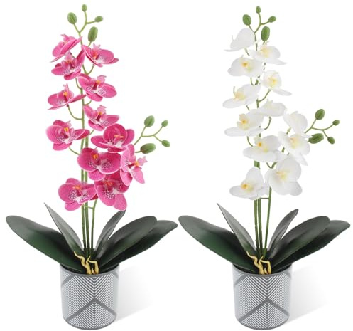 LEIMEND 2 Pezzi Orchidea Finta Realistica Viola e Bianco Orchidee Finte Realistiche Orchidee Artificiali Fiori Artificiali Per Tavoli da Interno Scrivanie e Decorazioni Nuziali