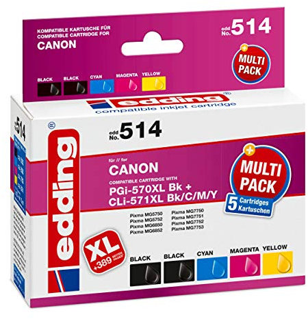 edding Druckerpatrone EDD-514 - Multipack 5 - 2x Schwarz, Cyan, Magenta, Gelb - 1x 25 ml + 4x 13 ml - Reichweite 1x 520 4x 810 Seiten - Ersetzt Canon PGI-570XL/CLI-571XLBK/C/M/Y