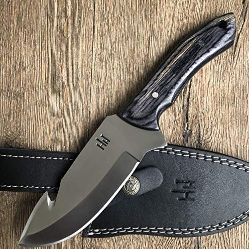 Hobby Hut HH-GH1, Couteau de Chasse en Acier Inoxydable 420C avec Crochet en Boyau, Manche en Bois Pakka