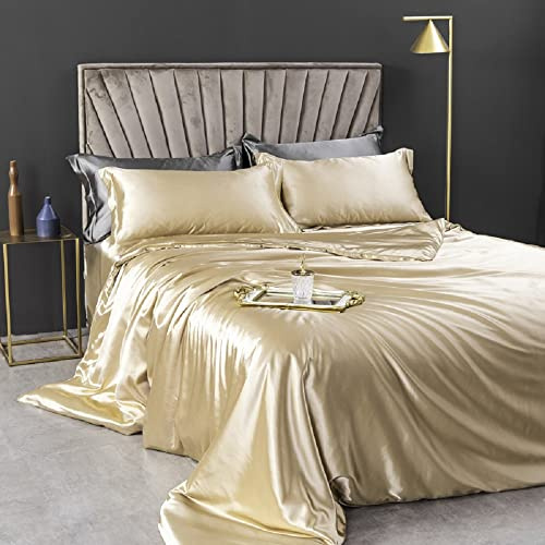 CoutureBridal Housse de Couette 220x240cm + 2 taie d'oreiller 65x65cm Or Parures de lit Ado Adulte 2 Personne Satin la Soie Lisse Linge de lit