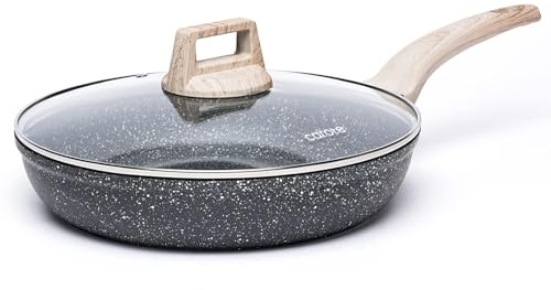 CAROTE Non Stick Frying Pan Skillet, Granite Fry Pan with Glass Lid, Egg Pan Omelet Pans, Stone Cookware Chef's Pan, PFOA Free for Induction and All Hobs (Classic Granite, 26cm)