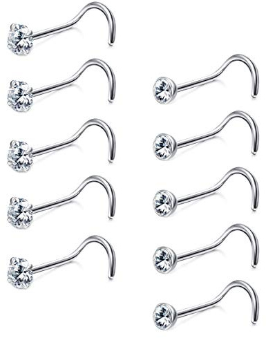 Sllaiss 10 piccoli cavatappi naso borchie in cristallo austriaco piercing per il naso per donne e uomini in acciaio inox 316L piercing al naso piccoli borchie per il naso set di gioielli per il corpo