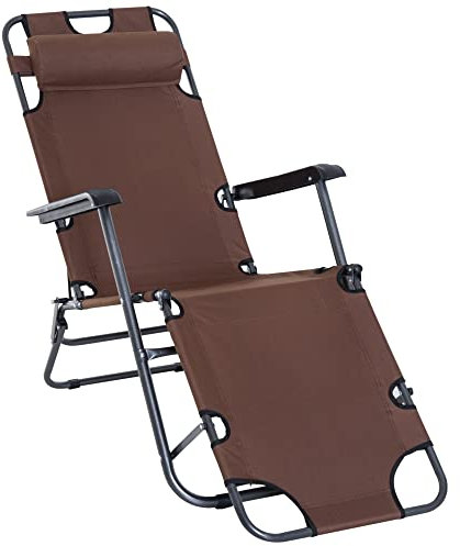 Outsunny Sonnenliege mit Kissen, Klappbare Strandliege mit 2-Fach verstellbare Rückenlehne Gartenliege, 2-in-1 Relaxliege, Metall + Oxfordstoff, Braun 135 x 60 x 89 cm