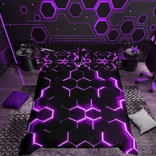 Juego de funda de edredón con diseño de panal de abeja para niños, hombres y niñas, diseño geométrico geométrico hexagonal, color morado, decoración de neón, funda de edredón con cuadrícula artística,