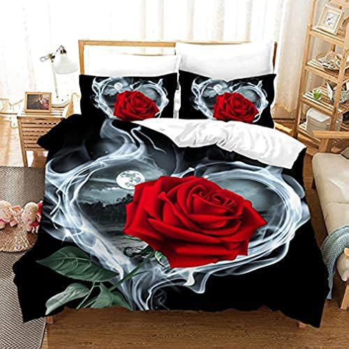 AOXHFNV Rose Bettbezug Set 3D Rot Bettwäsche Set Mädchen Kreative Bettwäsche Set 3 Teilig mit 2 Kissenbezug (Rot, 200×200cm)