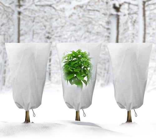AKOFIC 3 Stück Winterschutz für Pflanzen, 80x120cm Pflanzenschutz Winter, Frostschutz Winterabdeckung Kübelpflanzen mit Kordelzug, Wintervlies Pflanzenschutzsack Haube für Olivenbaum Palmen Blumentopf