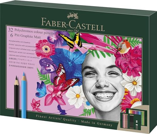 Faber-Castell 210053 Polychromos Malstifte, 32er-Buntstifte-Set, Leuchtende Farben mit dicken 3,8-mm-Minen, Inklusive 6 Pitt Graphite Matt Bleistifte, Radiergummi und Anspitzer