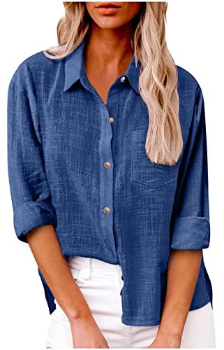 Leinen Damen Mode Shirts Sommer Bluse Große Größen Damen Für Sommer Blusen Damen Leicht Baumwolle Tunika Damen Große Größen Italienische Mode Damen Lässige Leinen Tunika Damen(2-Dark Blue,XL)