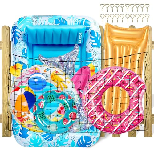 Extra Large Pool Toy Float Storage Net with 20 Windproof Screw Windproof Hooks, 71 x 47in Hangin Heavy Duty Elastic Mesh Pool Float Storage Net for Inflatable Rafts, Noodles, Balls, Chairs