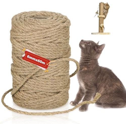 Starvortex Corde en sisal naturel de 60 m de diamètre pour griffoir à chat, 6 mm d'épaisseur, corde en jute naturelle pour arbre à chat, remplacement ou récupération, projets de bricolage pour