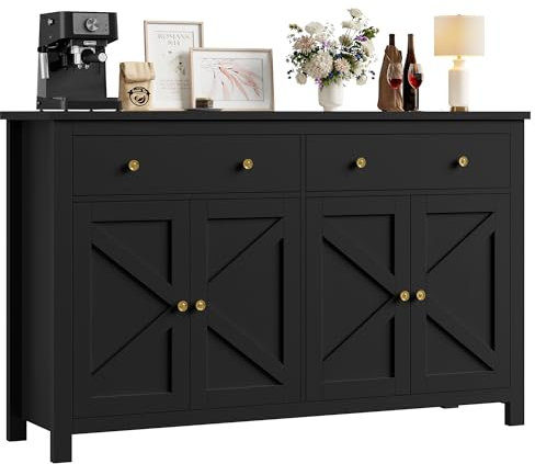 FirFurd Sideboard schwarz 140cm Breit Küchenschrank mit Arbeitsplatte Buffetschrank mit 2 Schubladen 4 Türen Küchenbuffet mit verstellbaren Ablagen für Wohnzimmer Küche Esszimmer 140x40x89 cm