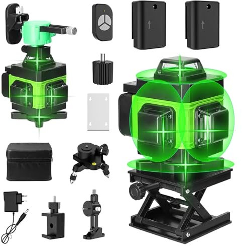 Kreuzlinienlaser Grün 4 x 360°, 4D 16 Linien laser wasserwaage, selbstnivellierender, horizontaler und vertikaler Laser, IP54 Staubdicht mit 2 ×2600 mAh Batterien für Heimdekoration und Baustellen