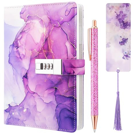 Candcamp Secret Diary with Lock for Girls,Purple UV Leather Journal with Lock Kids Password Journal Notebook Kit with Pen Bookmark for Back to School Birthday Festival Present