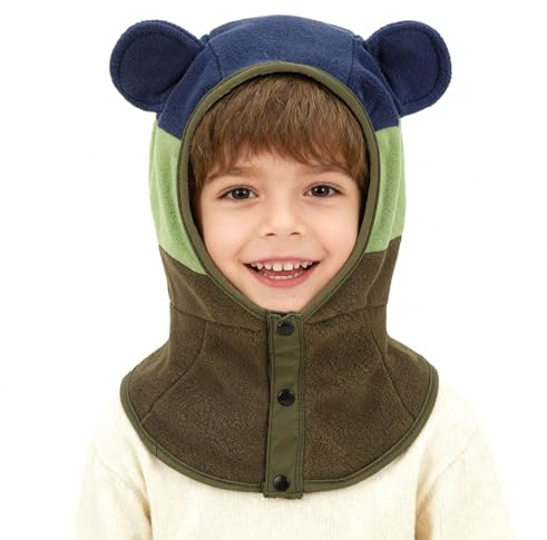 AYPOW Cagoule d'hiver Coupe Vent Enfant 4-10 Ans, Thermique Chaude Bonnet Cache-Cou Ensemble Doublé en Polaire Hiver, Chapeaux Écharpe Capuche Tour de Cou Cache Oreilles pour Tout-Petit Fille Garçon