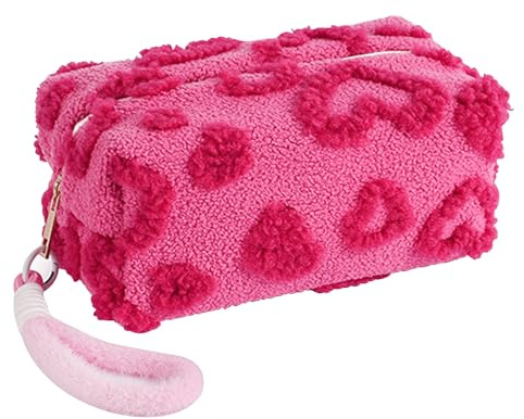 KASESSS Peludo Neceser Mujer, Neceser Maquillaje, Bolsa de Aseo Organizador Motivo de Corazón, Grande Neceser Viaje con Cremallera y Asa para Viajes, Colegio, Gimnasio o Trabajo, Portátil Moda Rosa