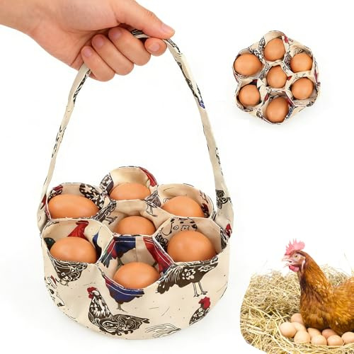 Norhogo 1 cestino per uova da 20 cm, con 7 sacchetti, contenitore per uova di gallina con manico, cestino per la raccolta delle uova, per pollaio, anatra, uova, beige