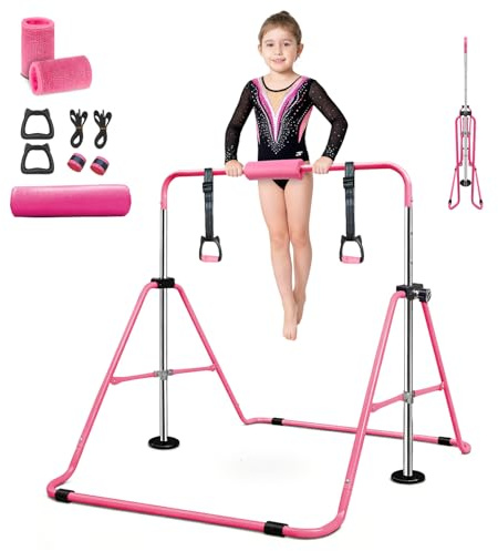 SUDOO Folding Gymnastics Bar With Rings, Folding Horizontal Bar, Adjustable Height Folding Horizontal Bar, Gymnastics Equipment for Home Garden, Expandable Gymnastics Training Bar for Kids Girls