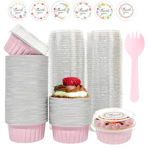 100 PCS Aluminium Foil Baking Cups, Mini Cake Pans with Lids and 100 PCS Spoons, 5 oz Disposable Baking Cups Foil Ramekins For Party Birthday Wedding Valentines (Pink)