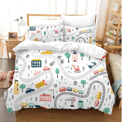 JLCZBT Ropa de cama infantil de 135 x 200 cm, diseño de excavadora, tractor y coches, diseño de dibujos animados en 3D, juego de ropa de cama para niños y niñas con funda de almohada (A-3, 135 x 200